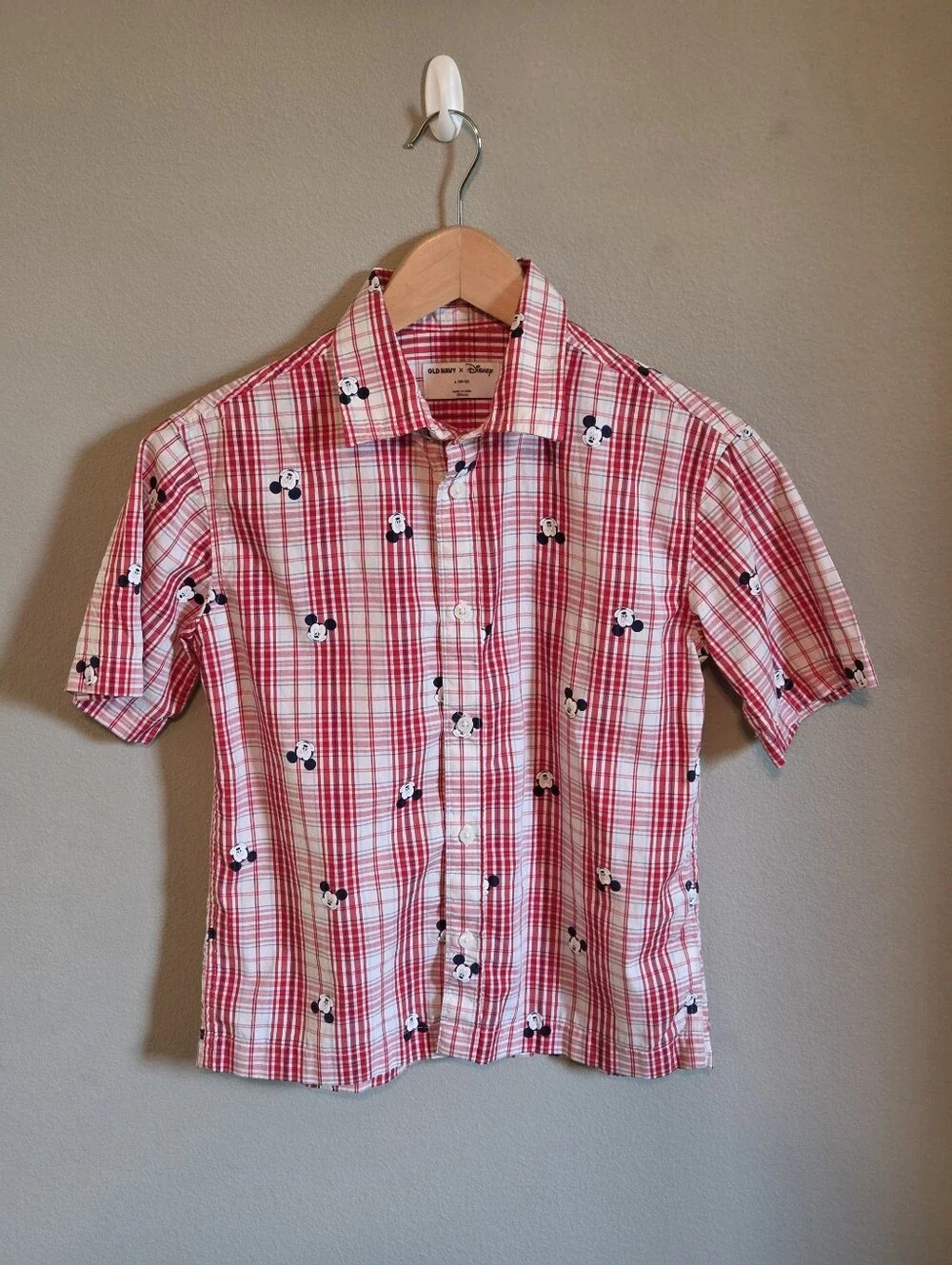 Old Navy X Disney Red Plaid Mickey Mouse Short-Sleeve Shirt- Boys Size 10-12